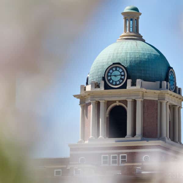 A classical domed clock tower with a teal roof and three clock faces against a clear blue sky. The brick structure features neoclassical architectural details, with a soft foreground blur.