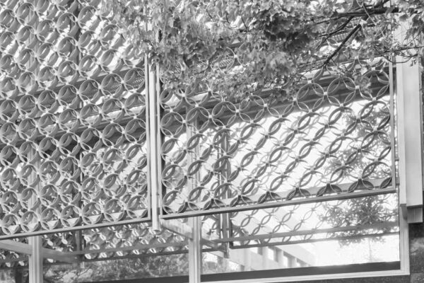 A building's geometric metal facade with circular patterns is partly covered by leafy tree branches above; the photo is black and white.